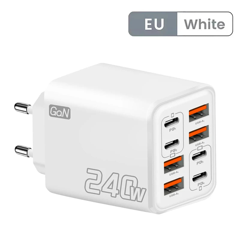Chargeur de Bureau GaN 240 W - 8 en 1 USB-C Charge Rapide-Prises EU