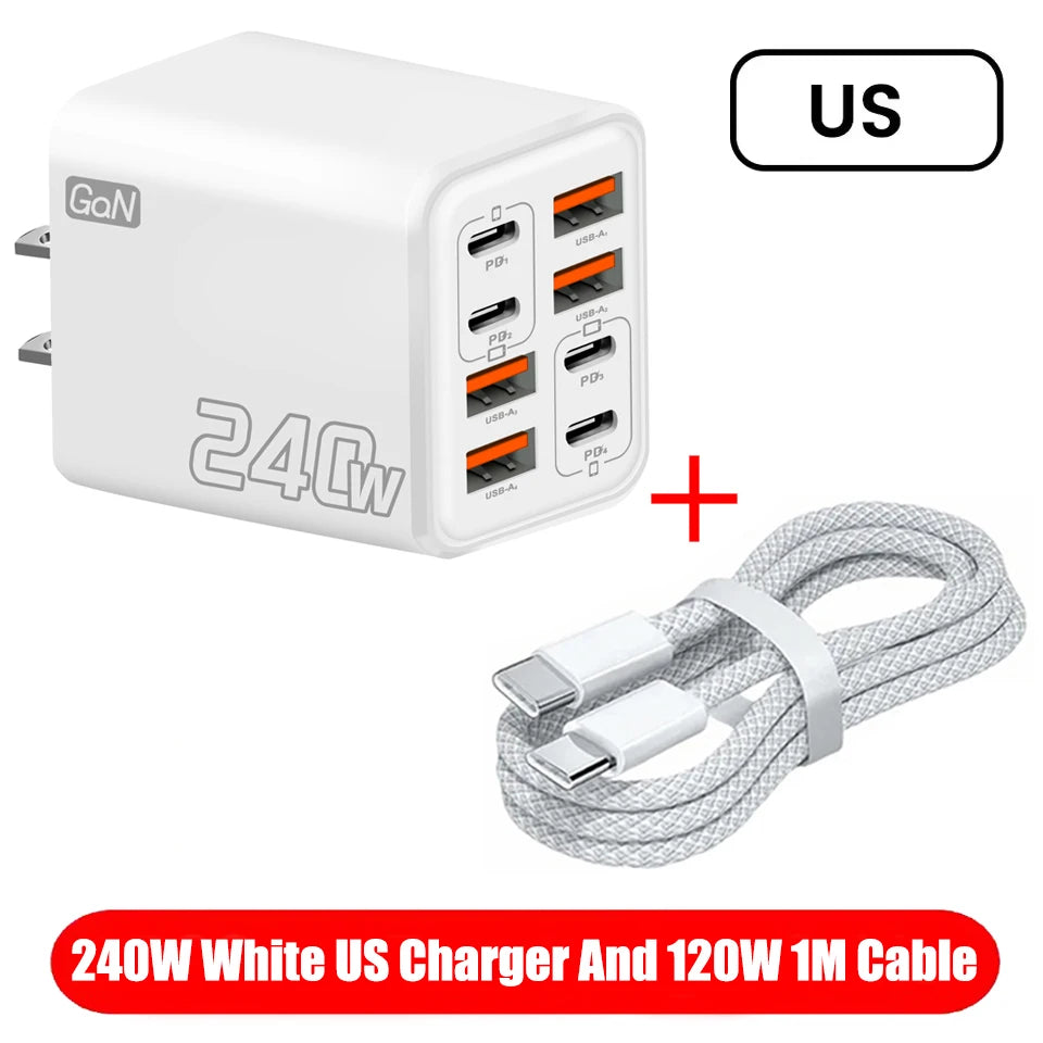 Chargeur de bureau USB-C GaN 8-en-1 240 W – Charge rapide pour smartphones (iPhone, Samsung, Xiaomi) – Câble Type-C inclus – Prises UE