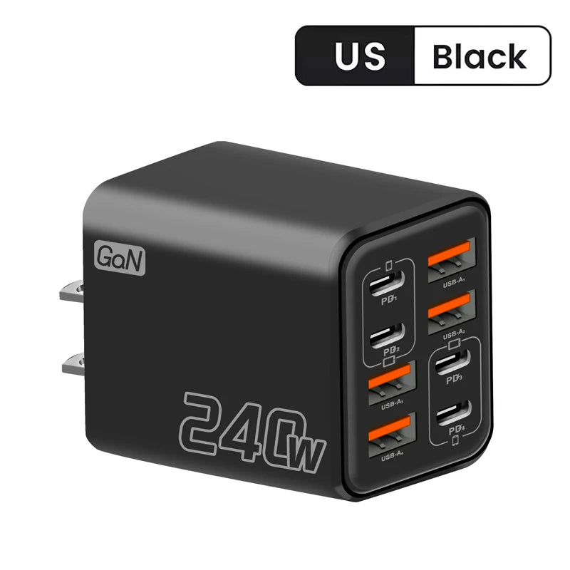 Chargeur de bureau USB-C GaN 8-en-1 240 W – Charge rapide pour smartphones (iPhone, Samsung, Xiaomi) – Câble Type-C inclus – Prises UE