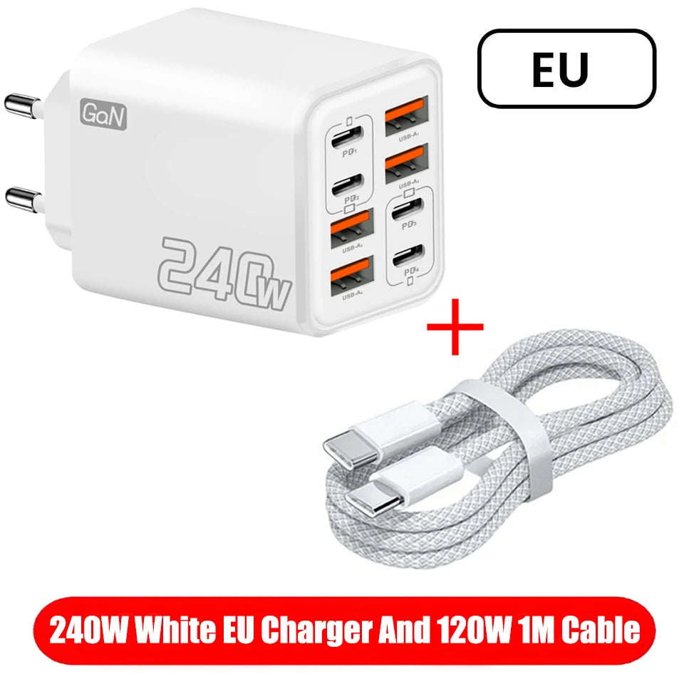Chargeur de bureau USB-C GaN 8-en-1 240 W – Charge rapide pour smartphones (iPhone, Samsung, Xiaomi) – Câble Type-C inclus – Prises UE