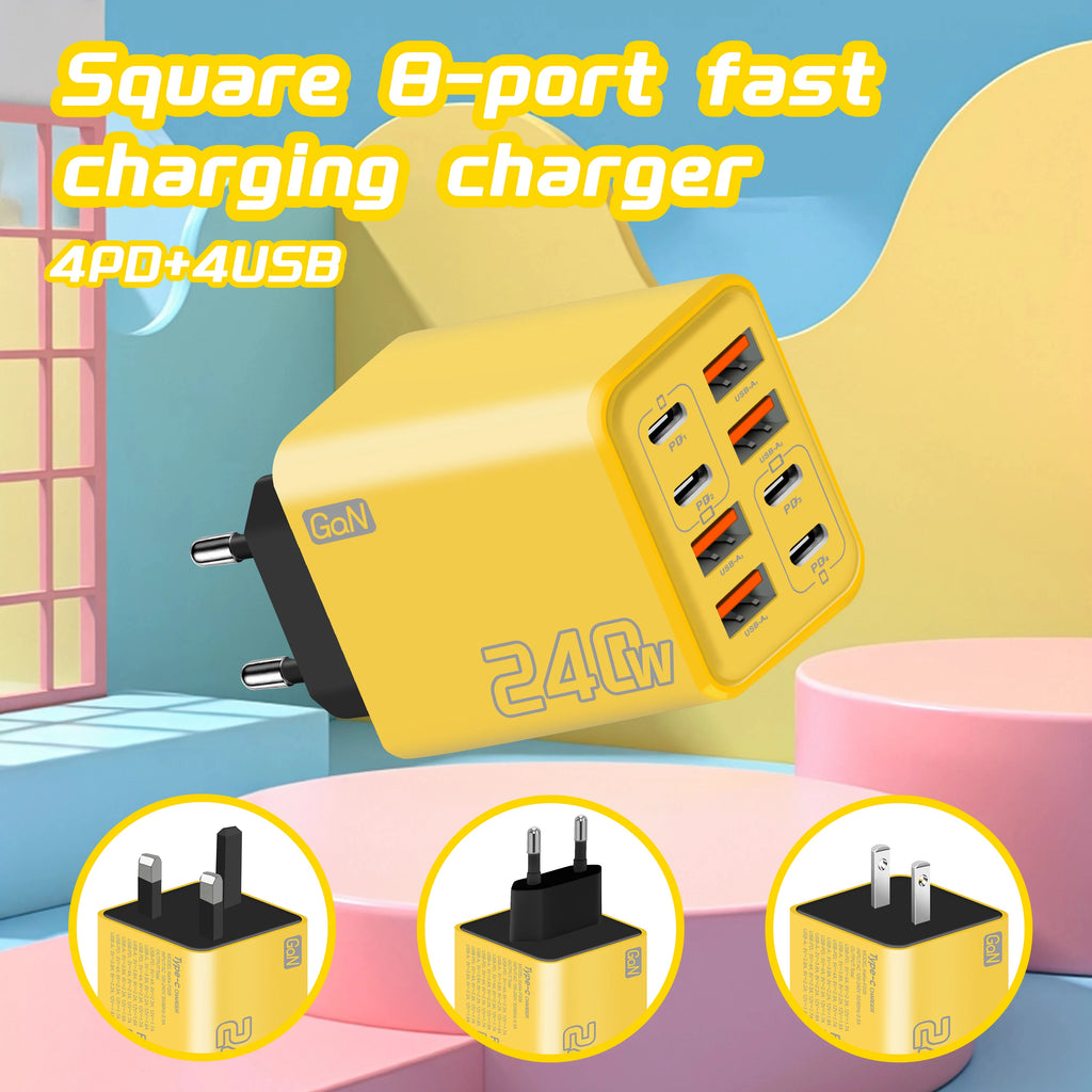 Chargeur de bureau USB-C GaN 8-en-1 240 W – Charge rapide pour smartphones (iPhone, Samsung, Xiaomi) – Câble Type-C inclus – Prises UE