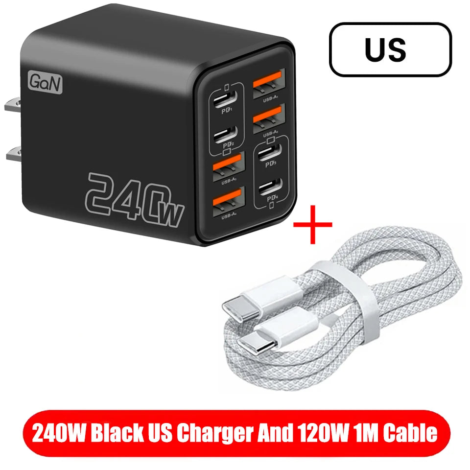 Chargeur de bureau USB-C GaN 8-en-1 240 W – Charge rapide pour smartphones (iPhone, Samsung, Xiaomi) – Câble Type-C inclus – Prises UE