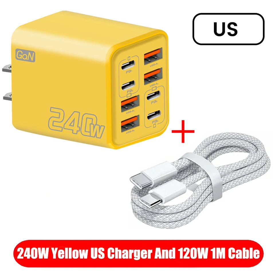 Chargeur de bureau USB-C GaN 8-en-1 240 W – Charge rapide pour smartphones (iPhone, Samsung, Xiaomi) – Câble Type-C inclus – Prises UE