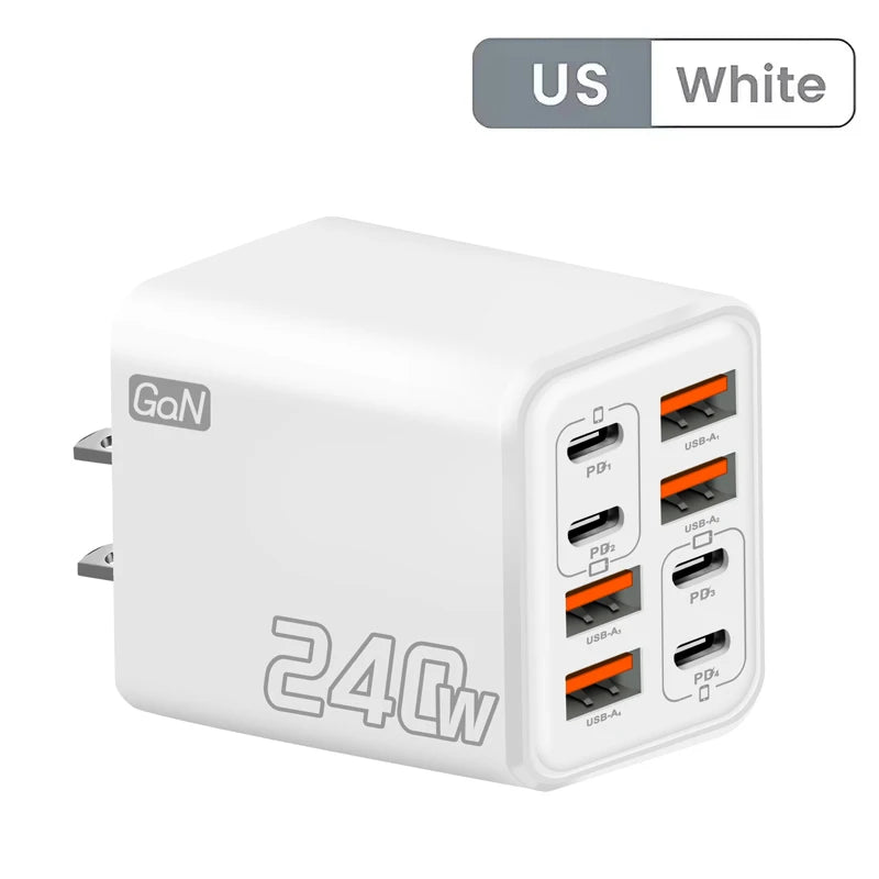 Chargeur de bureau USB-C GaN 8-en-1 240 W – Charge rapide pour smartphones (iPhone, Samsung, Xiaomi) – Câble Type-C inclus – Prises UE