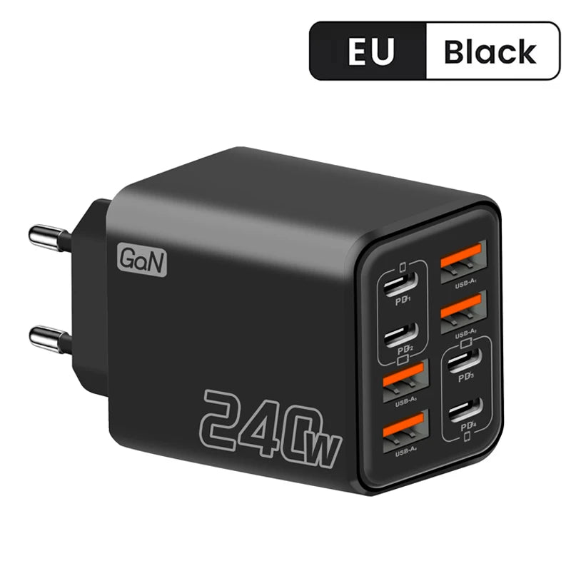 Chargeur de Bureau GaN 240 W - 8 en 1 USB-C Charge Rapide-Prises EU