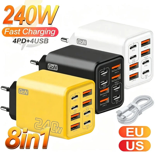 Chargeur de Bureau GaN 240 W - 8 en 1 USB-C Charge Rapide-Prises EU