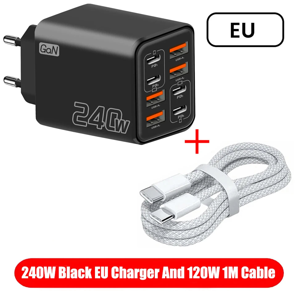 Chargeur de Bureau GaN 240 W - 8 en 1 USB-C Charge Rapide-Prises EU