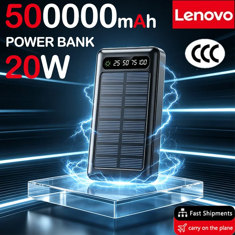 Batterie Externe Solaire  - 50000 mAh - Charge Rapide & 4 cables intégrés - LENOVO