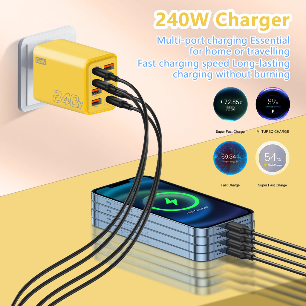 Chargeur de bureau USB-C GaN 8-en-1 240 W – Charge rapide pour smartphones (iPhone, Samsung, Xiaomi) – Câble Type-C inclus – Prises UE