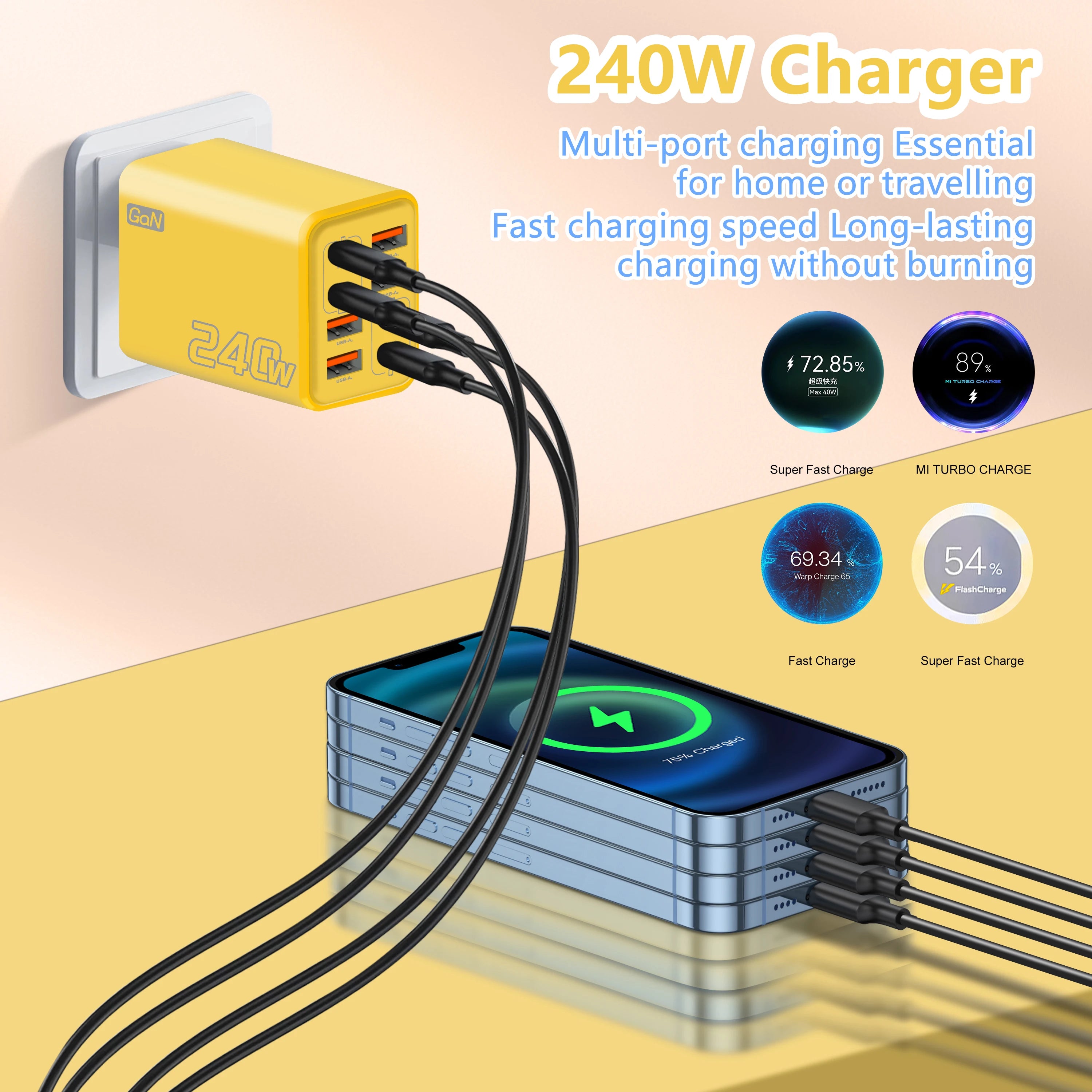 Chargeur de bureau USB-C GaN 8-en-1 240 W – Charge rapide pour smartphones (iPhone, Samsung, Xiaomi) – Câble Type-C inclus – Prises UE