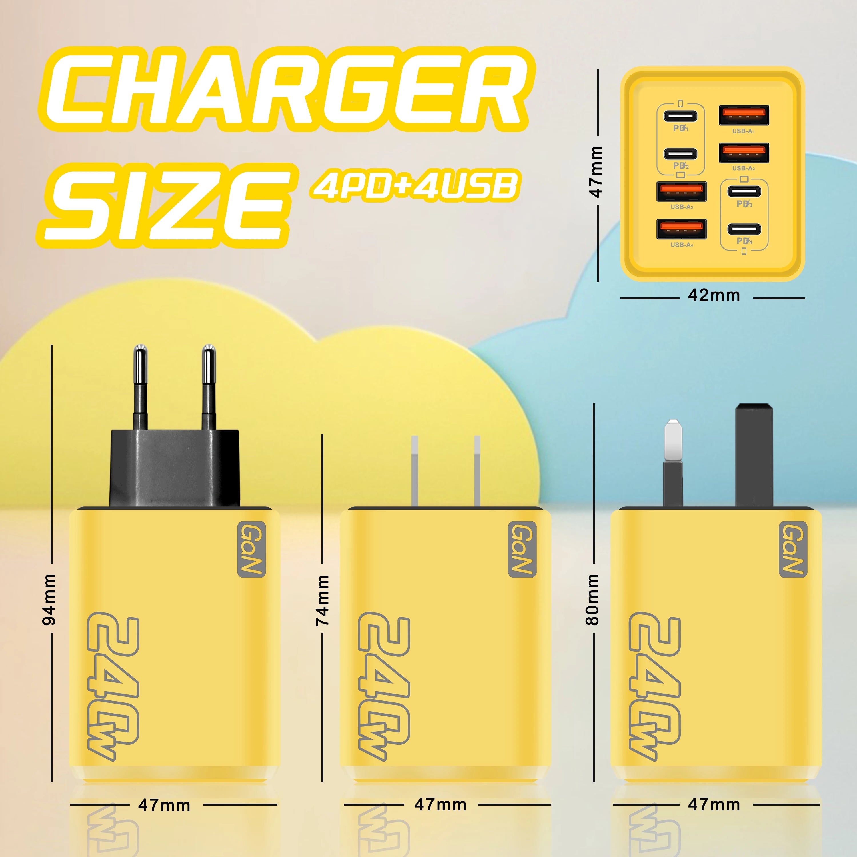 Chargeur de bureau USB-C GaN 8-en-1 240 W – Charge rapide pour smartphones (iPhone, Samsung, Xiaomi) – Câble Type-C inclus – Prises UE